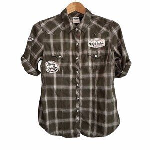 Women's L Retro Aesthetic Harley Davidson Snap-Up Plaid Olive Green Cotton Shirt